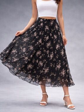 Abercrombie & Fitch Black and White Metallic Floral Pleated Maxi Skirt Sz Medium